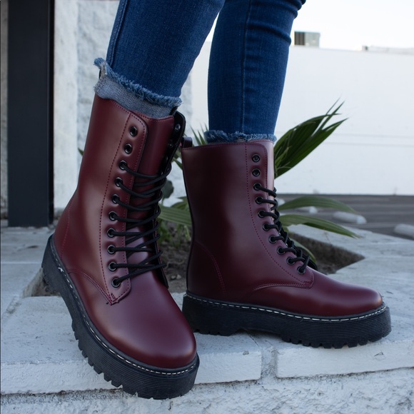 Rumor Has It - Burgundy Combat Boots - Picture 2 of 4
